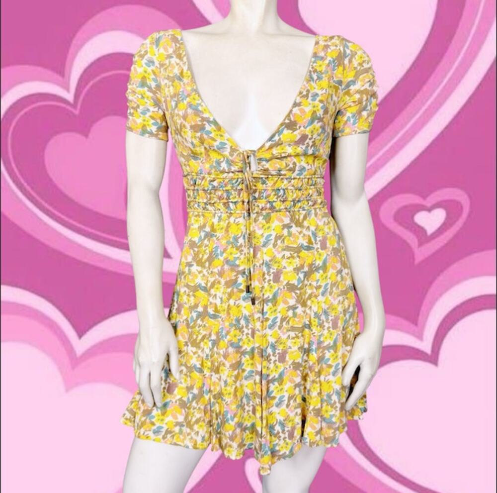 Yellow Floral Ruched Tie Front Fit & Flare Mini Dress